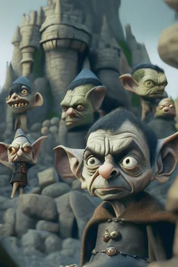 mr bean as goblin kid among other goblins in stone castle, 4 k, trending art, depth of field