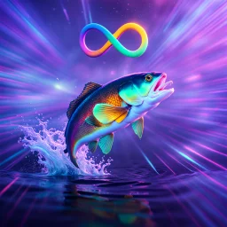 infinity symbol ∞ with vibrant powerful fish jumping out of the water, striking, neon, chiaroscuro, dramatic, captivating, powerful, fantasy, beautiful, octane render, 16k post-production, artstation: award-winning: atmospheric: commanding: fantastical: clarity: ultra quality: striking: brilliance: stunning colors: amazing depth; lens: f/11, 35mm