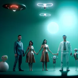 Ultra Realistic classic family portrait, living room. father. mother. daughter. alien pet. Little flying sphere drone. retro futuristic, minimal style, latex dress. smile, happy. highly detailed, concept art, unreal engine 5, ray tracing, RTX, lumen lighting, ultra detail, volumetric lighting, 3d, finely drawn, high definition, high resolution.