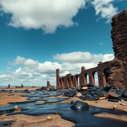 Photography of a landscape with massive nothingness, ruins, surrealism, glossy, organic, mass growing, Joan Miró, strong texture, fiotti di liquido nero, panic, obsessive, hypnotic, rotten, blue sky, clouds, hasselblad h6d400c --ar 85:128 --v 6.0