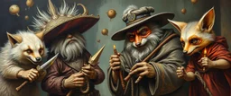 master oil painting with some air brush, fluffy human thief hyena fox merchant sailor priest racoon gremlin realistic and creepy, straight from the lich lab, in the style of Escher and Titian