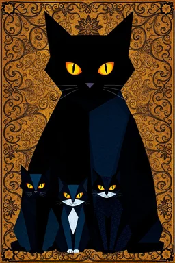 create six stylized angular cats in various sizes, arranged against an ornate, textured background with swirling mosaic-like gold and bronze patterns. Glowing amber/yellow eyes contrast with their dark bodies — one large black cat, one blue-tinted cat, smaller cats in indigo and charcoal tones, one with a white face. Modern geometric style, simplified shapes. Background inspired by Byzantine art and stained glass, intricate metallic textures. Decorative, elegant, luminous atmosphere --ar 3:2 --v