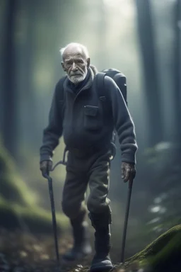 portrait of cyborg old man using a walker in the woods, zeiss prime lens, bokeh like f/0.8, tilt-shift lens 8k, high detail, smooth render, down-light, unreal engine, prize winning