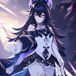 Clear focus, High resolution, rough line sketch art, long black hair, hair between eyes, fluffy hair, purple eyes, wearing a off shoulder shirt, no spaghetti strapes, dark aura, 1girl, wearing a skirt, genshin impact, genshin impact style outfit, (detailed outfit), (Lots of ribbons and flowers on outfit)