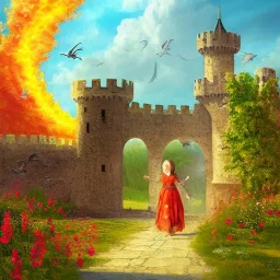  Castle into sky, with flowers of fire. Green clouds and birds. Shy girl going out of the main gate. Detailed painting, sharp color, medieval, intricate detail, far sceen, realistic colors, medieval concept art. spring.