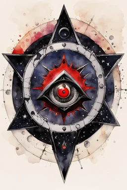 ink wash and watercolor illustration of the symbol of an ancient Catalan female vampire coven , in the form of highly detailed 12 sided star with the all seeing eye at its center lapel pin, in the graphic novel style of Bill Sienkiewicz, Jean Giraud Moebius, and Enki Bilal