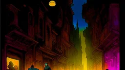 John Harris Style page, dark serious 1990s style, ((masterpiece, best quality)), (((solo))), full color, retro anime style, full color, dark serious 1980s steampunk cityscape, magic,