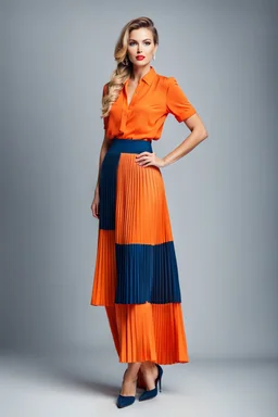 full body of very beautiful lady midi blue pleated skirt and orange bluse , Braided hair ,standing idle happy pose in studio pretty makeup