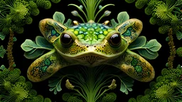 The living petrified bone frog is a mesmerizing, earth art creature, its porous, osseous skin adorned with intricate fungal fractal patterns that accentuate its earthen colors in a fungal art kaleidoscope. Shimmering moss and translucent spore accents decorate the skin, revealing a fractal map of pores that shift gracefully as it moves. Delicate bioluminescent fungi structures extend from the fractures, creating an otherworldly, illuminated appearance. With large, expressive eyes that glow with