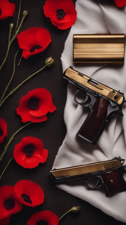 Two gold pistols and a red notebook on a white scarf. A field of red poppies. Close-up from above.cinematic.dark mood