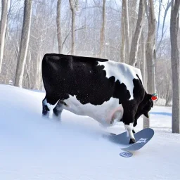 Snowboarding cow