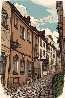 streetscape illustration showcasing an old corner and street . Cobblestone pathways, historic buildings with charming architectural details,line drawing ,colors