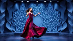 modern stage with gray-blue theme artistic decoration , color full dynamic lighting, a beautiful lady in modern maxy dark purple red dress with shining silver jwells dancing, 3D recursive fractal structure animating background