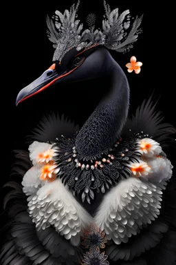 Black swan it portrait, textured detailed feathered adorned with bioluminescence malachit colour enaissance style grey and black and white pearls, and black diamond headdress apink and orange florals, organic bio spinal ribbed detail of detailed creative rennaisance style light white colour florwers moonlight background extremely detailed hyperrealistic maximálist concept art