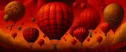 An orangish red burning sky with hot air balloons designed in Maori sculptures painted by Jeffrey Kolker