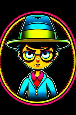 Gustavo Petro, comic style artwork, dark yellow, black, red and blue, with wide-brimmed hat, with white shirt, calm, chibi