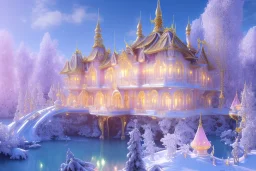 a magical crystal snow pink gold house palace in the woods, blue lake,sun,white swanns,pink vertical, blue lake,sharp, vines, candlelit, endor, ornate, elegant, highly detailed, artstation, concept art, smooth, sharp focus, illustration, 8k, splash art, wallpaper, key visual