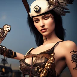 realistic, young model with sword, short black hair. holding a owl. black tatoo on arm. dressed a steampunk pirate, bra with carved leather. Salvador dalì style. Ships in background with high details. 4k, unreal engine.