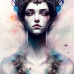 young queen of darkness with a perfect crown, flannel jacket, style <Yoji Shinkawa>, watercolor illustration by <agnes cecile> butterflies everywhere,