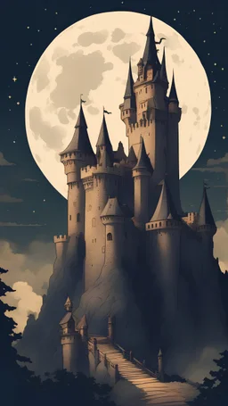 A very big castle with a tower and a very high rampart, vintage retro style and a little American behind it, a very big dragon at night and a big full moon behind the castle.