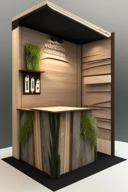 Corner exhibition stand in eco-style, with wood elements and meeting areas