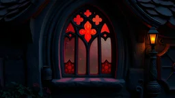 medieval red cut glass window in witch cottage, night, 8k, high quality, trending art, trending on artstation, sharp focus, studio photo, intricate details, highly detailed, by tim burton