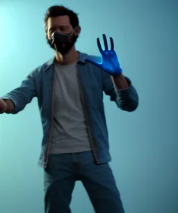 Realistic image, waist up view, a guy making the fuck you gesture with his hand, blue smoke coming out of his eyes, nose and mouth. Happy, smile, soft color, highly detailed, unreal engine 5, ray tracing, RTX, lumen lighting, ultra detail, volumetric lighting, 3d, finely drawn, high definition, high resolution.