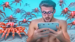 guy enjoying censored videos on cellphone surrounded by tiny crabs