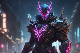 Hecarim venom in 8k solo leveling shadow artstyle, machine them, mask, close picture, rain, neon lights, intricate details, highly detailed, high details, detailed portrait, masterpiece,ultra detailed, ultra quality