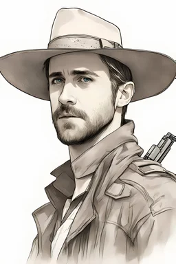 ryan gosling as a gunslinger wearing mexican poncho, wearing a leather hat, face is shaded by the hat, disco elysium art style