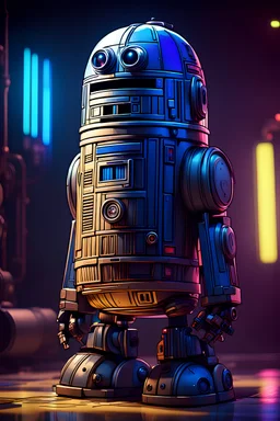 cartoon cyberpunk r2d2 in rembrandt lighting, dark shadows, bright highlights, cell-shading style, blade runner style