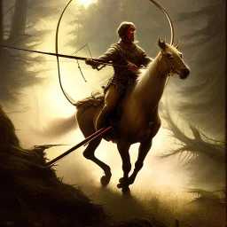 frank frazetta style, hunter with bow and arrow, forest in the distance