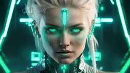 hyper realistic, 4k, bright bounce light on her face, adult blonde woman with piercing hazel eyes, intricate detail design green glowing matrix style code symbols on her skin and face, blue glowing strands in her hair, she is wearing a white Bladerunner futuristic outfit radiating a strong confident woman, boss in charge and it shows in her stance, black and transparent fabric with glowing neon sage loops, metallic art deco spaceship architecture in background