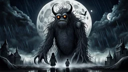gentle, protective monster protects and hugs the alone sad child against bad high dark evil people, random background random, deep dark color, , moon, mist, rain, highly detailed, weird , surreal dark fantasy mood style like T. Burton