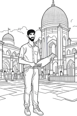 A coloring sheet, full body,A young man holding a sign up in his hand, with the Al-Aqsa Mosque behind him.