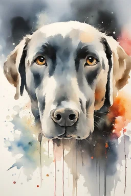 A portrait of black Labrador by Willem Haenraets, watercolor, on watercolor paper, wet on wet and splattering techniques, centered, perfect composition, abstraction, surrealism