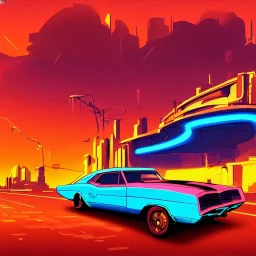 art deco, cyberpunk, neon muscle car, desert road, sunset, full colour, hd,