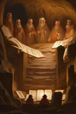 Several Christian priests of the 1st millennium AD are holding Hebrew papyrus scrolls of Holy Scripture in their hands and actively arguing. They are in a cave illuminated from above. The image is in high quality in 8k