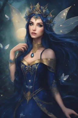 Midnight blue,Dark blue hair,night,dark fairy princess ,elven crown,elven ears,sparkle,glitter,gold armor,dragonflies,rapunzel hair,water lilies