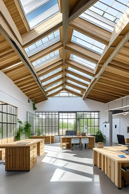 factory floor cealing skylights wooden beams flat cealing concrete walls frameless windows white workstations