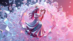 3d metalic and crystal recursive evolving and animating beveled geometric base very complex CIFY structure emiting bubbles that broke, goddess of love in a pretty cleric dress comes while playing harp gracefully , viberating color moving very in modern city escap environment while camera tracking it.write in down screen 3d animating"Made in Grok By:J.Babakan"