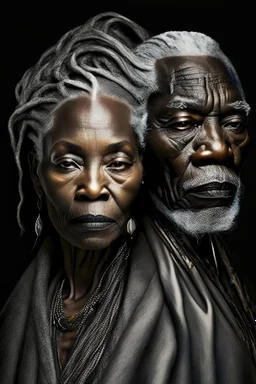 a photo of an African man and woman with ethnic jewelry, grey hair and grey flowing robe, in style of Annie Leibovitz, contemporary portrait of a mature yet beautiful and modernist, black and grey, detailed face, swirling fluid smokey enigma, award-winning artwork