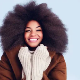 black woman with symetrical brown eyes, perfect smile, and brown coily hair in winter wonderland