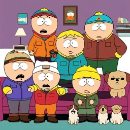 Cartman & Stan & Kyle South Park characters but with faces of dogs sitting on couch watching tv, cute dog faces, cartoon art, by Tre Parker and Matt Stone, humorous, South Park Show aesthetic..