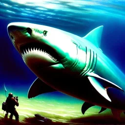 Full Body portrait of ' Giant Megalodon Shark',painting by gaston bussiere, greg rutkowski, yoji shinkawa, yoshitaka amano, tsutomu nihei, donato giancola, tim hildebrandt, oil on canvas, extreme detail,fit full head inside picture,32k