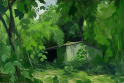 A green warehouse with overgrown vines painted by Paul Cezanne