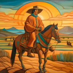 gaucho argentino en un atardecer de la llanura pampeana al estilo de Diego Rivera