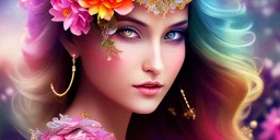 bright fairy, beautiful portrait, flowery landscape