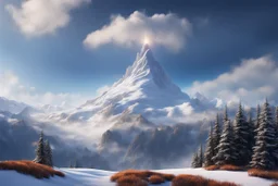 a snow-covered steep massiv mountain reaching into the clouds. On top of the mountain is a long needle thin tower. seen from the bottom of a valley. fantasy concept art, exquisite realism, a masterpiece, dynamic lighting, hyper detailed, intricately detailed, deep color, Unreal Engine, volumetric lighting , Epic cinematic brilliant stunning intricate meticulously detailed dramatic atmospheric maximal,