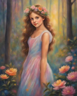 Oil pastel painting of a beautiful girl, floral dress, fantasy, beautiful portrait painting, cute face, dream, forest, sparkles background, glow, inspired by Thomas Kinkade, oil pastel painting, fantasy art, fairy, young girl, flowers, beautiful, colorful, fine art, romanticism painting, 8k